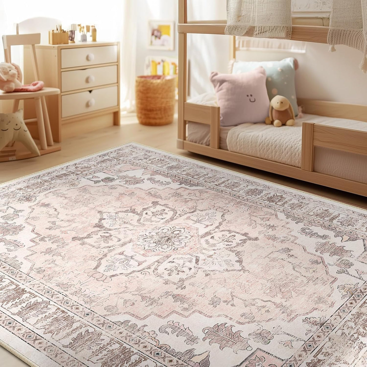 Washable Boho 5x7 Area Rug for Living Room, Pink Beige Grey