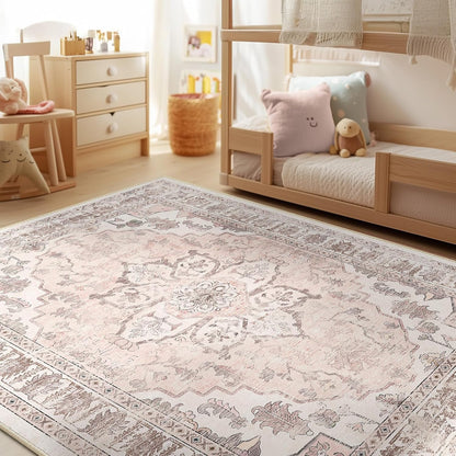 Washable Boho 5x7 Area Rug for Living Room, Pink Beige Grey