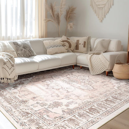 Washable Boho 5x7 Area Rug for Living Room, Pink Beige Grey