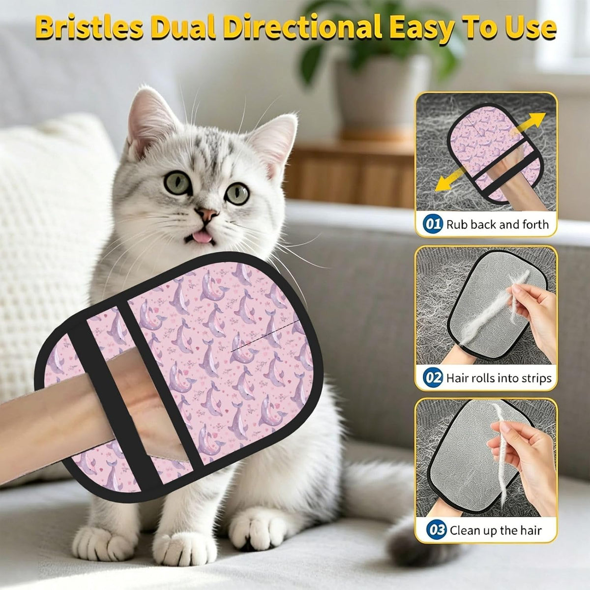 Pink Floral Hearts Dolphin Pet Hair Removal Glove Dogs Hair Remover Glove Cats Fur Removal Tool with Hanging Loop for Couch 6.7X9.5 in