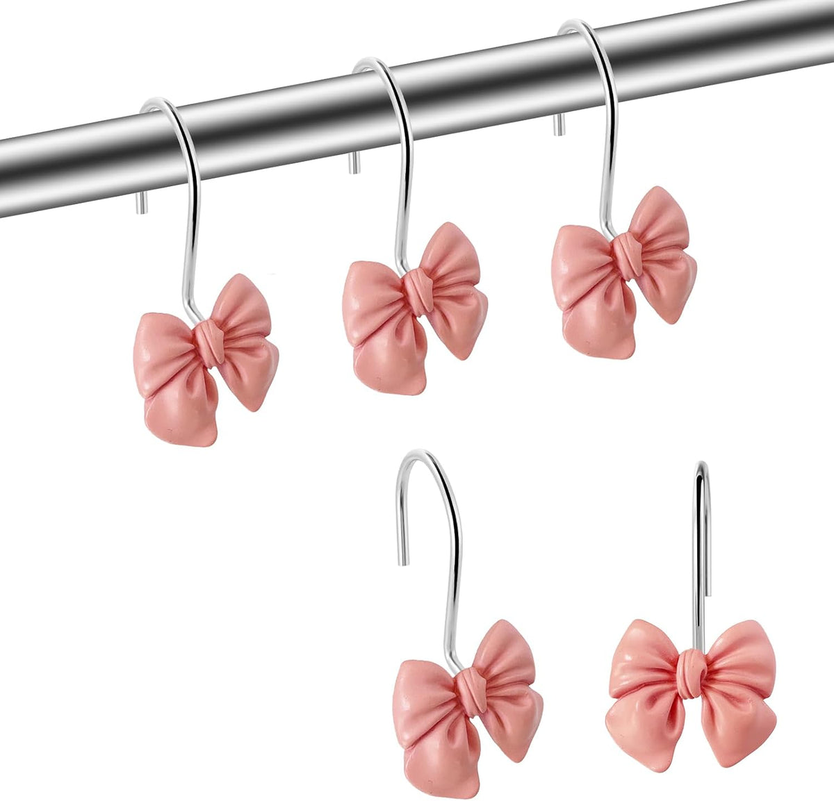 Bow Tie Decorative Shower Curtain Hooks, Pink Bow Knot Shower Curtain Ring Hanger for Bathroom Baby Kids Room Rustproof