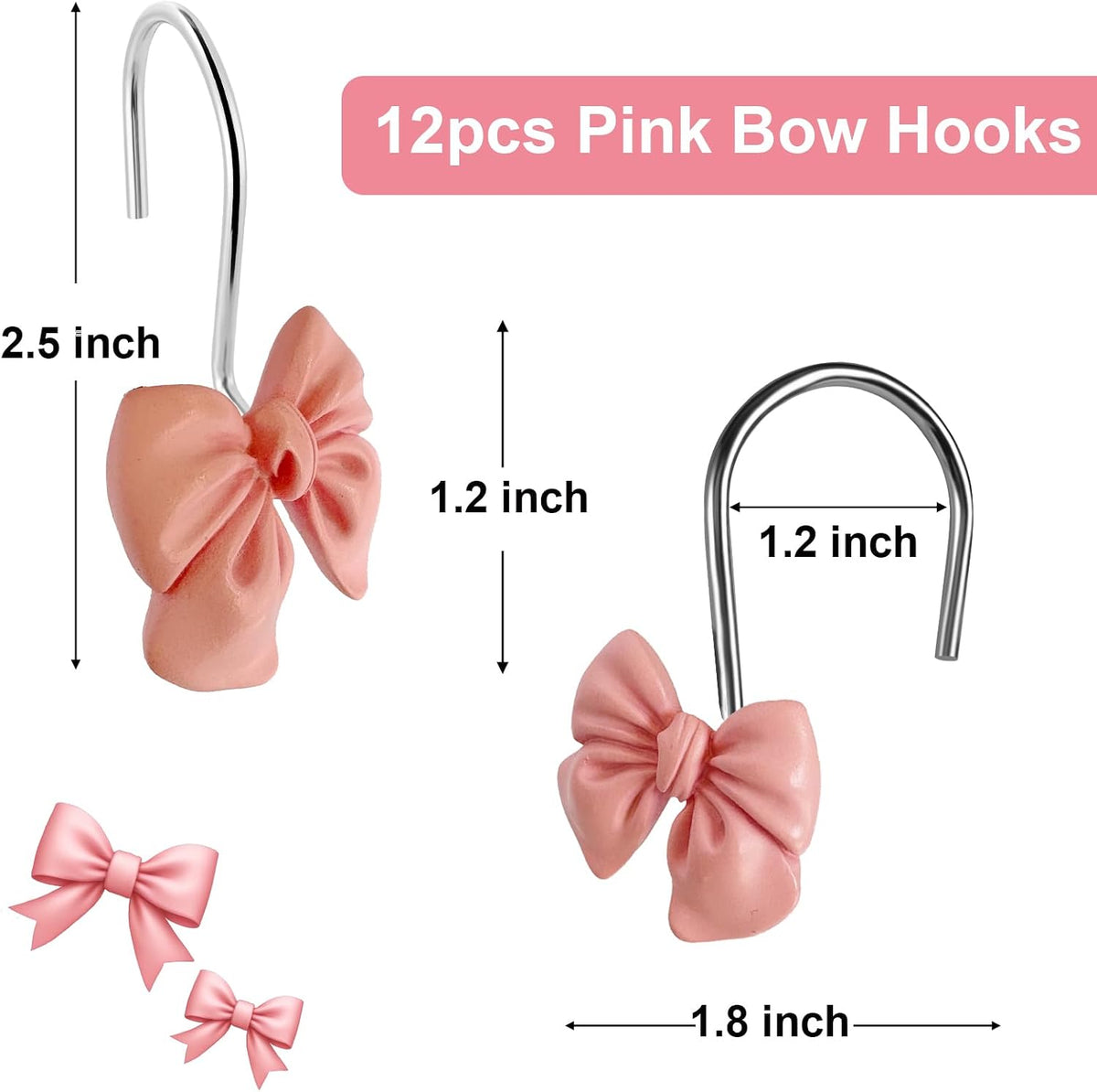 Bow Tie Decorative Shower Curtain Hooks, Pink Bow Knot Shower Curtain Ring Hanger for Bathroom Baby Kids Room Rustproof