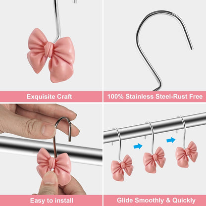 Bow Tie Decorative Shower Curtain Hooks, Pink Bow Knot Shower Curtain Ring Hanger for Bathroom Baby Kids Room Rustproof