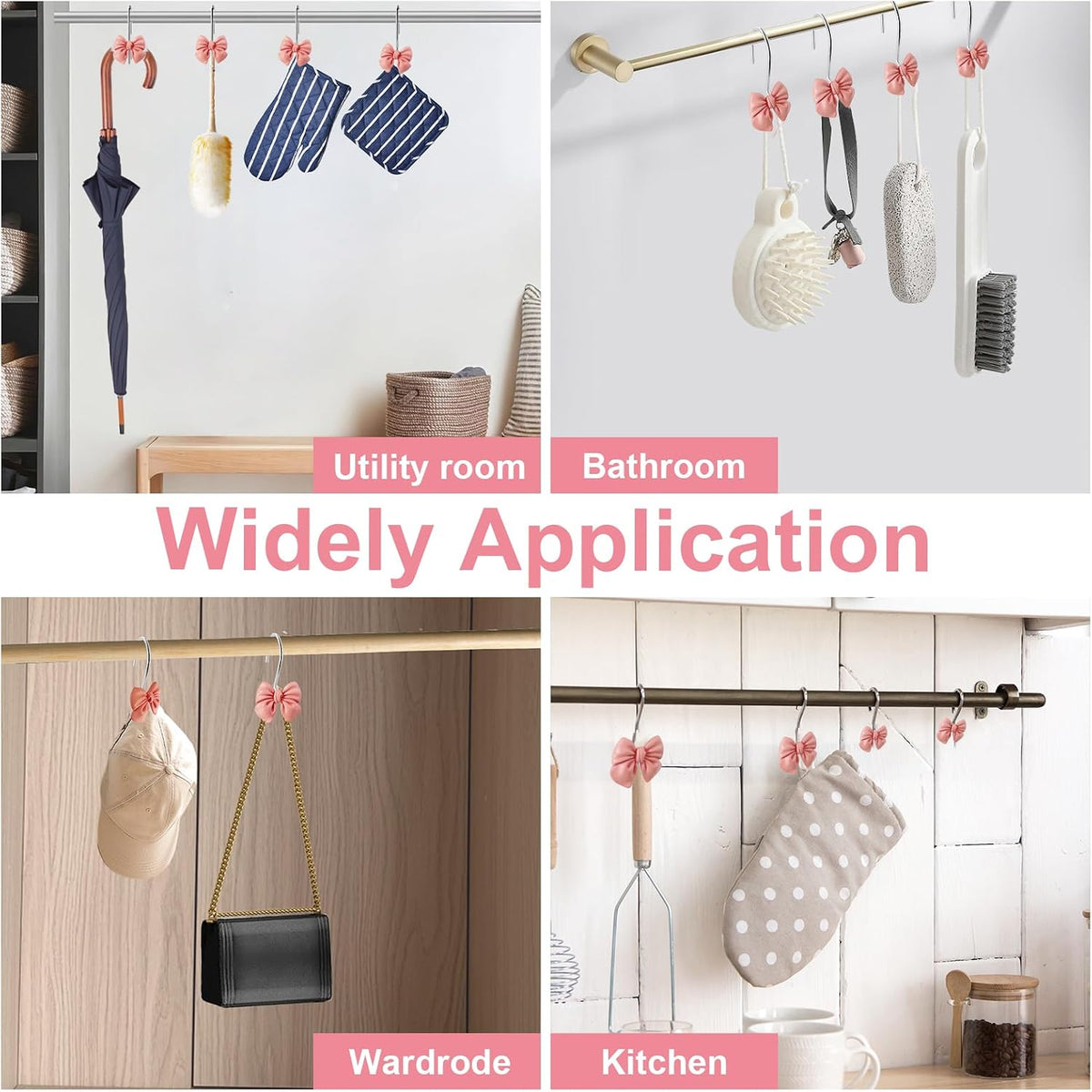 Bow Tie Decorative Shower Curtain Hooks, Pink Bow Knot Shower Curtain Ring Hanger for Bathroom Baby Kids Room Rustproof