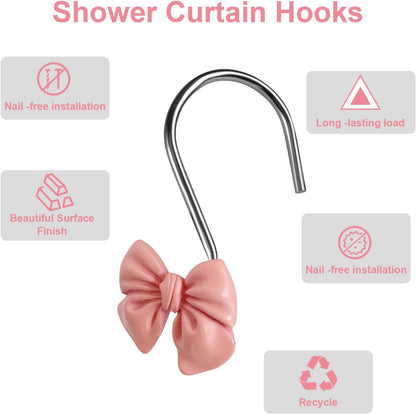 Bow Tie Decorative Shower Curtain Hooks, Pink Bow Knot Shower Curtain Ring Hanger for Bathroom Baby Kids Room Rustproof