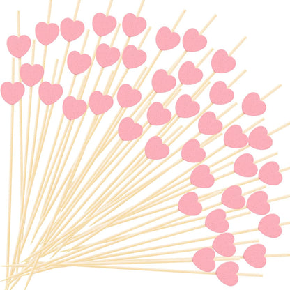 100Pcs Heart Cocktail Picks, Heart Bamboo Toothpicks Cocktail Sticks for Appetizers Fruit Food Drink Cake Valentine's Day Wedding Birthday Party Decoration, 4.7Inch (Pink)