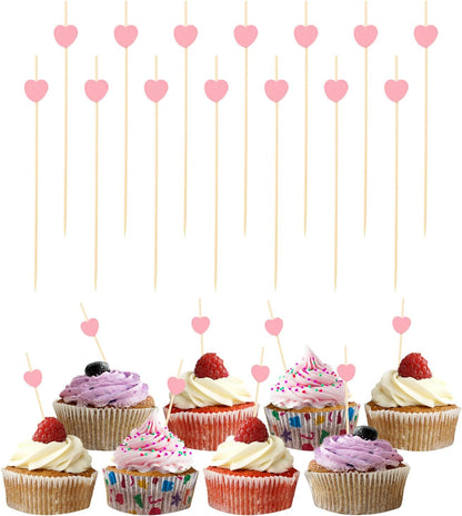 100Pcs Heart Cocktail Picks, Heart Bamboo Toothpicks Cocktail Sticks for Appetizers Fruit Food Drink Cake Valentine's Day Wedding Birthday Party Decoration, 4.7Inch (Pink)