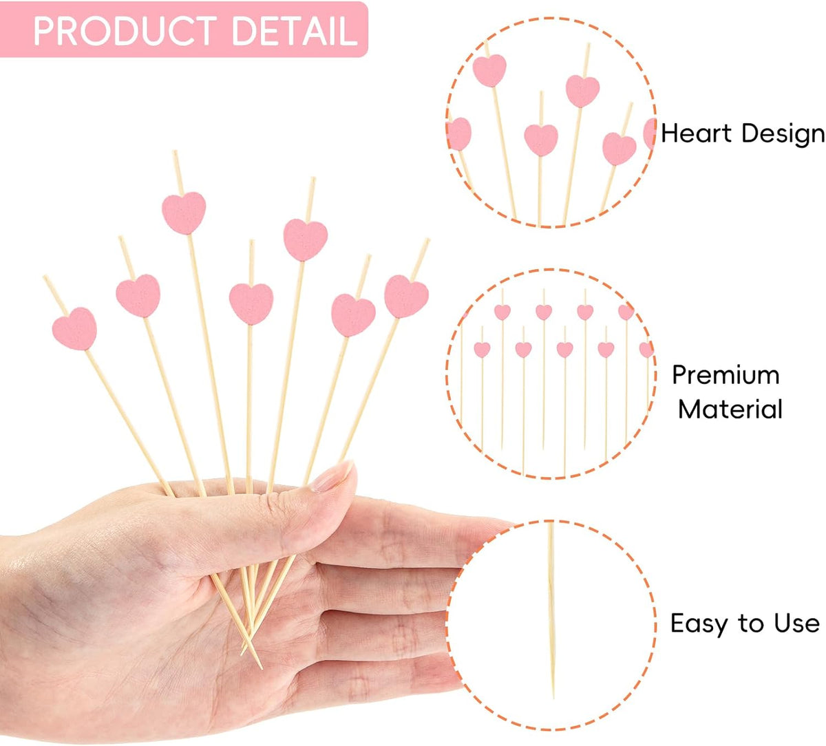 100Pcs Heart Cocktail Picks, Heart Bamboo Toothpicks Cocktail Sticks for Appetizers Fruit Food Drink Cake Valentine's Day Wedding Birthday Party Decoration, 4.7Inch (Pink)