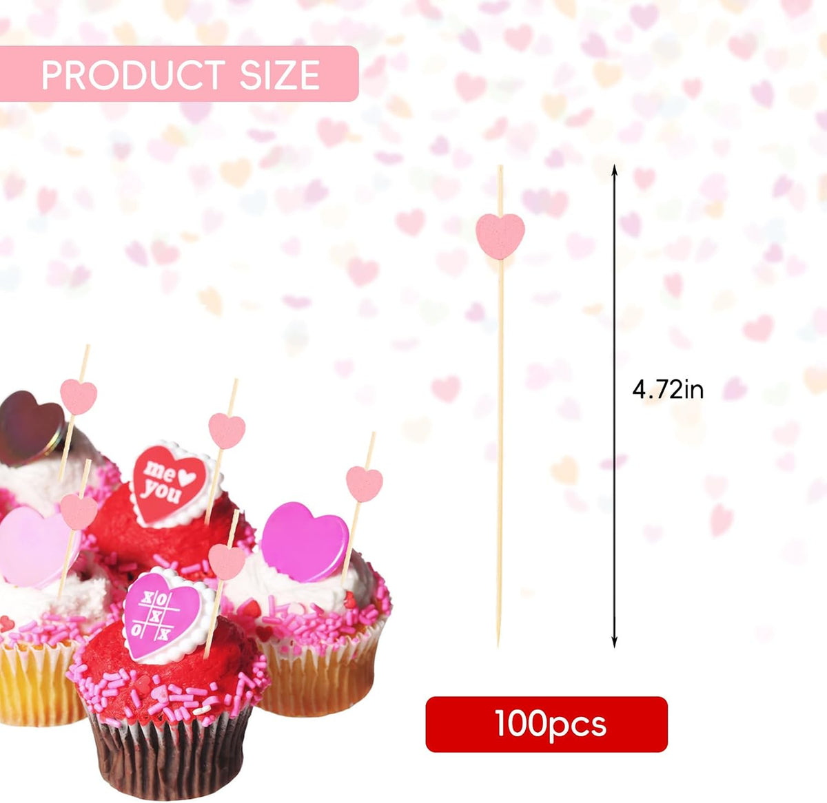 100Pcs Heart Cocktail Picks, Heart Bamboo Toothpicks Cocktail Sticks for Appetizers Fruit Food Drink Cake Valentine's Day Wedding Birthday Party Decoration, 4.7Inch (Pink)