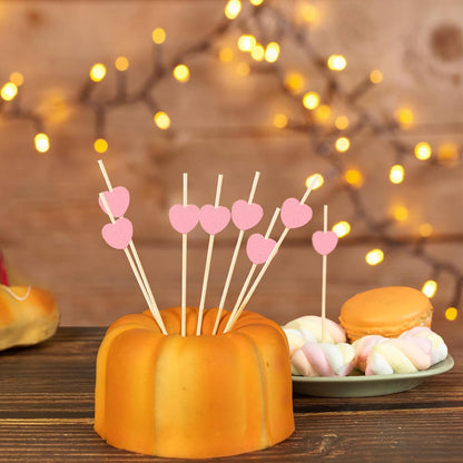 100Pcs Heart Cocktail Picks, Heart Bamboo Toothpicks Cocktail Sticks for Appetizers Fruit Food Drink Cake Valentine's Day Wedding Birthday Party Decoration, 4.7Inch (Pink)