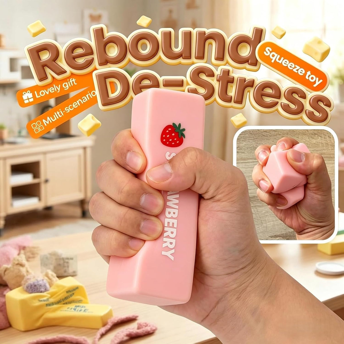 Slow Rebound Cute Butter Squeeze Stress Balls, 2026 New Squeeze Ball Realistic Butter Stick Soft Squeeze Toys, Upgrade Stress Relief Fidget Toys Wet Slow Rebound Stress Relief Toy (1, Pink)