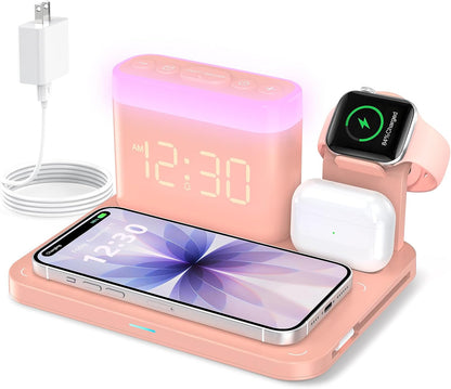 5 in 1 Wireless Charging Station with Alarm Clock,7 Night Light & 0-100% Dimmer,Qi Mag-Safe Charger Stand for Apple Devices - for iPhone 17 16 15 14 13 12 Pro Max Plus Air,Apple Watch,Airpods