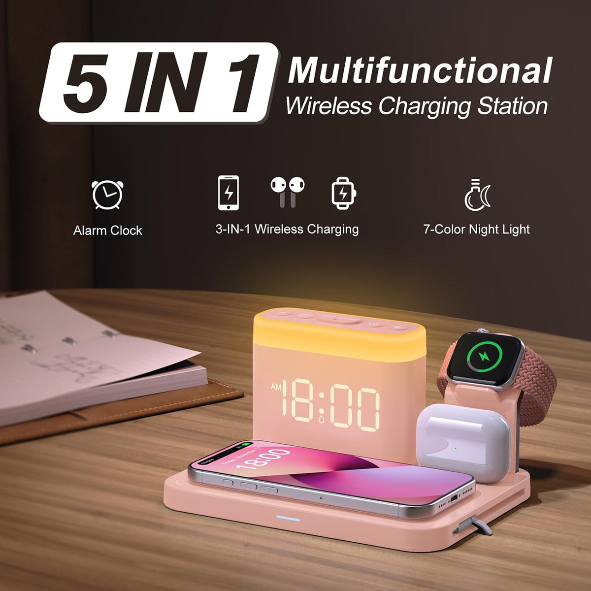 5 in 1 Wireless Charging Station with Alarm Clock,7 Night Light & 0-100% Dimmer,Qi Mag-Safe Charger Stand for Apple Devices - for iPhone 17 16 15 14 13 12 Pro Max Plus Air,Apple Watch,Airpods
