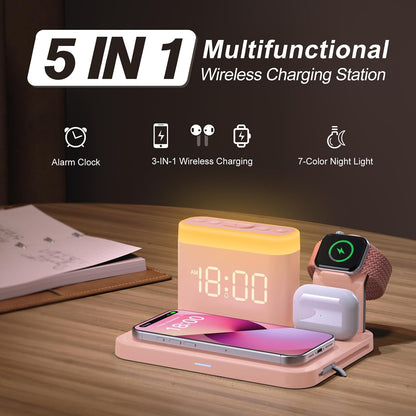 5 in 1 Wireless Charging Station with Alarm Clock,7 Night Light & 0-100% Dimmer,Qi Mag-Safe Charger Stand for Apple Devices - for iPhone 17 16 15 14 13 12 Pro Max Plus Air,Apple Watch,Airpods