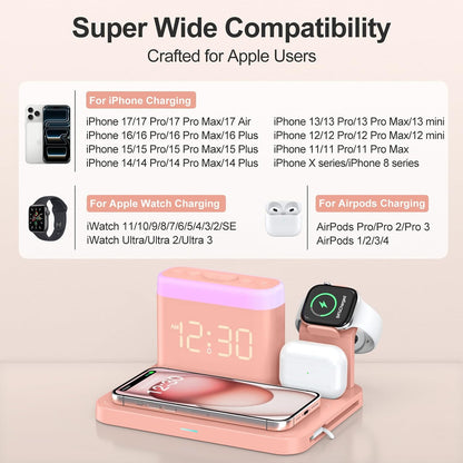5 in 1 Wireless Charging Station with Alarm Clock,7 Night Light & 0-100% Dimmer,Qi Mag-Safe Charger Stand for Apple Devices - for iPhone 17 16 15 14 13 12 Pro Max Plus Air,Apple Watch,Airpods
