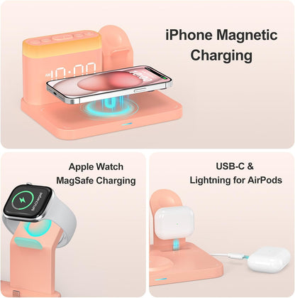 5 in 1 Wireless Charging Station with Alarm Clock,7 Night Light & 0-100% Dimmer,Qi Mag-Safe Charger Stand for Apple Devices - for iPhone 17 16 15 14 13 12 Pro Max Plus Air,Apple Watch,Airpods
