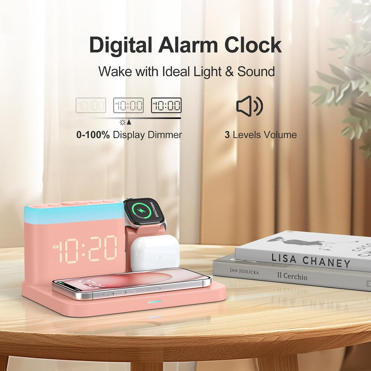 5 in 1 Wireless Charging Station with Alarm Clock,7 Night Light & 0-100% Dimmer,Qi Mag-Safe Charger Stand for Apple Devices - for iPhone 17 16 15 14 13 12 Pro Max Plus Air,Apple Watch,Airpods