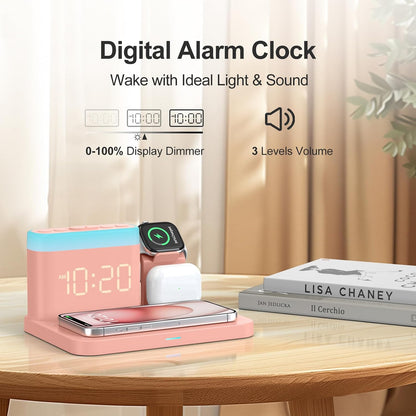 5 in 1 Wireless Charging Station with Alarm Clock,7 Night Light & 0-100% Dimmer,Qi Mag-Safe Charger Stand for Apple Devices - for iPhone 17 16 15 14 13 12 Pro Max Plus Air,Apple Watch,Airpods