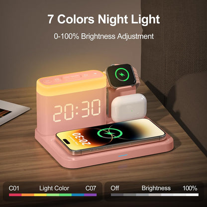 5 in 1 Wireless Charging Station with Alarm Clock,7 Night Light & 0-100% Dimmer,Qi Mag-Safe Charger Stand for Apple Devices - for iPhone 17 16 15 14 13 12 Pro Max Plus Air,Apple Watch,Airpods