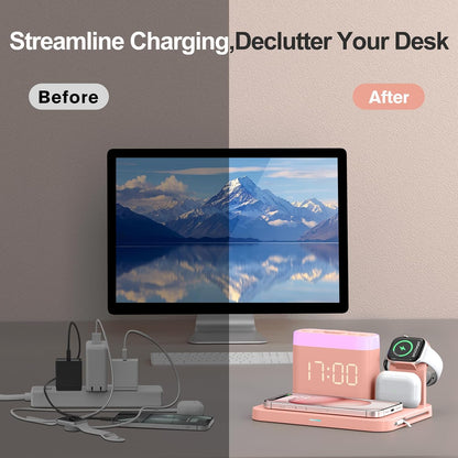 5 in 1 Wireless Charging Station with Alarm Clock,7 Night Light & 0-100% Dimmer,Qi Mag-Safe Charger Stand for Apple Devices - for iPhone 17 16 15 14 13 12 Pro Max Plus Air,Apple Watch,Airpods