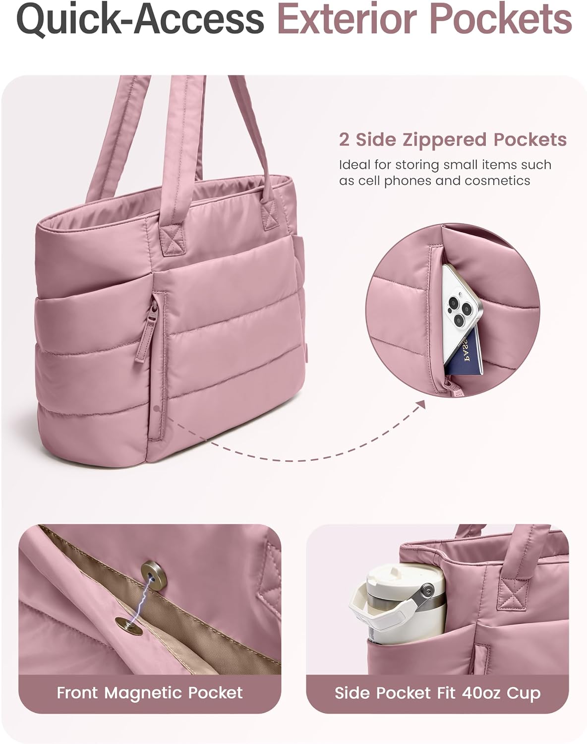 Tote Bag for Women with Zipper, Quilted Puffer Tote Bag with Compartments, Lightweight Puffy Work Bags for Women
