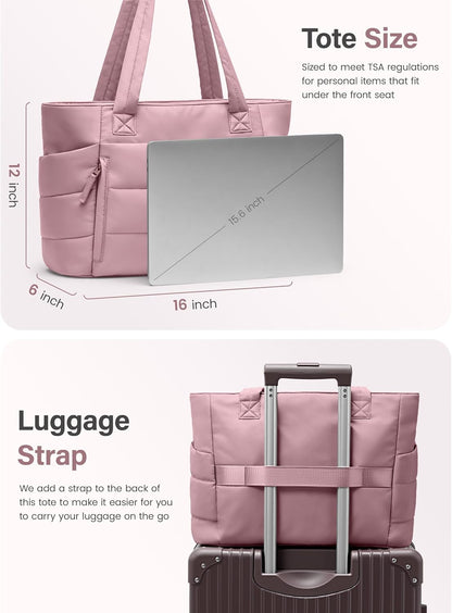 Tote Bag for Women with Zipper, Quilted Puffer Tote Bag with Compartments, Lightweight Puffy Work Bags for Women