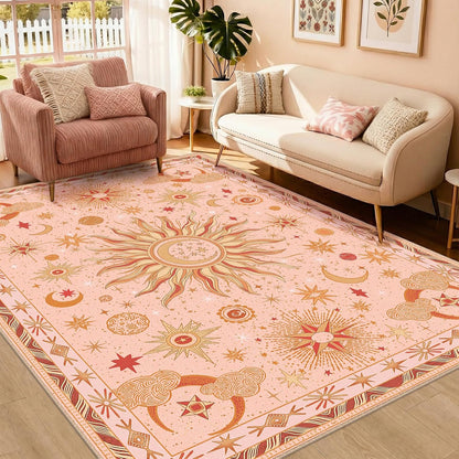 Vacuum-Friendly, 5x7 Washable Area Rug, Pink Gold Beige Red