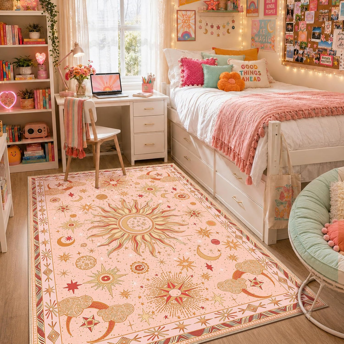 Vacuum-Friendly, 5x7 Washable Area Rug, Pink Gold Beige Red