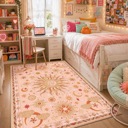 Vacuum-Friendly, 5x7 Washable Area Rug, Pink Gold Beige Red