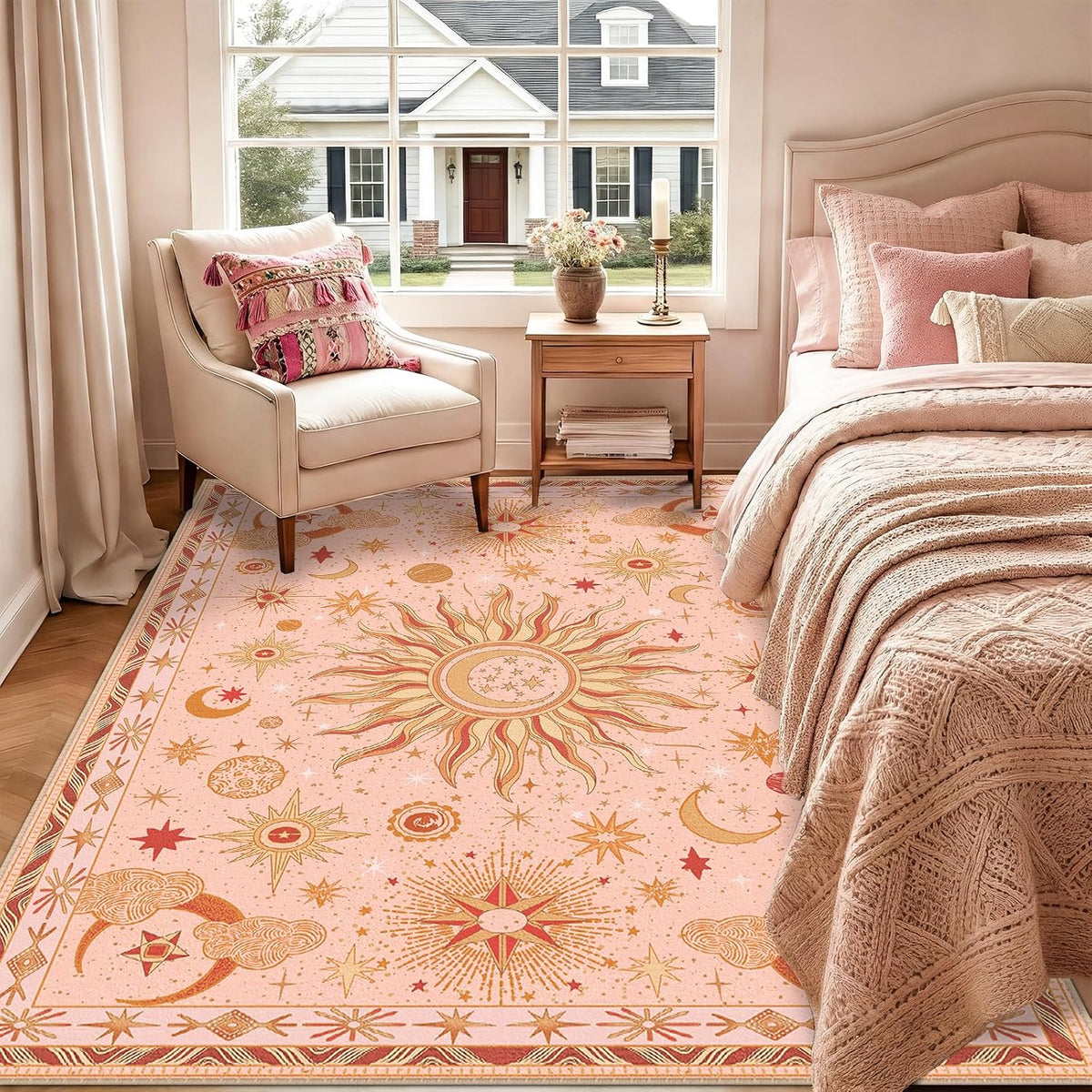 Vacuum-Friendly, 5x7 Washable Area Rug, Pink Gold Beige Red