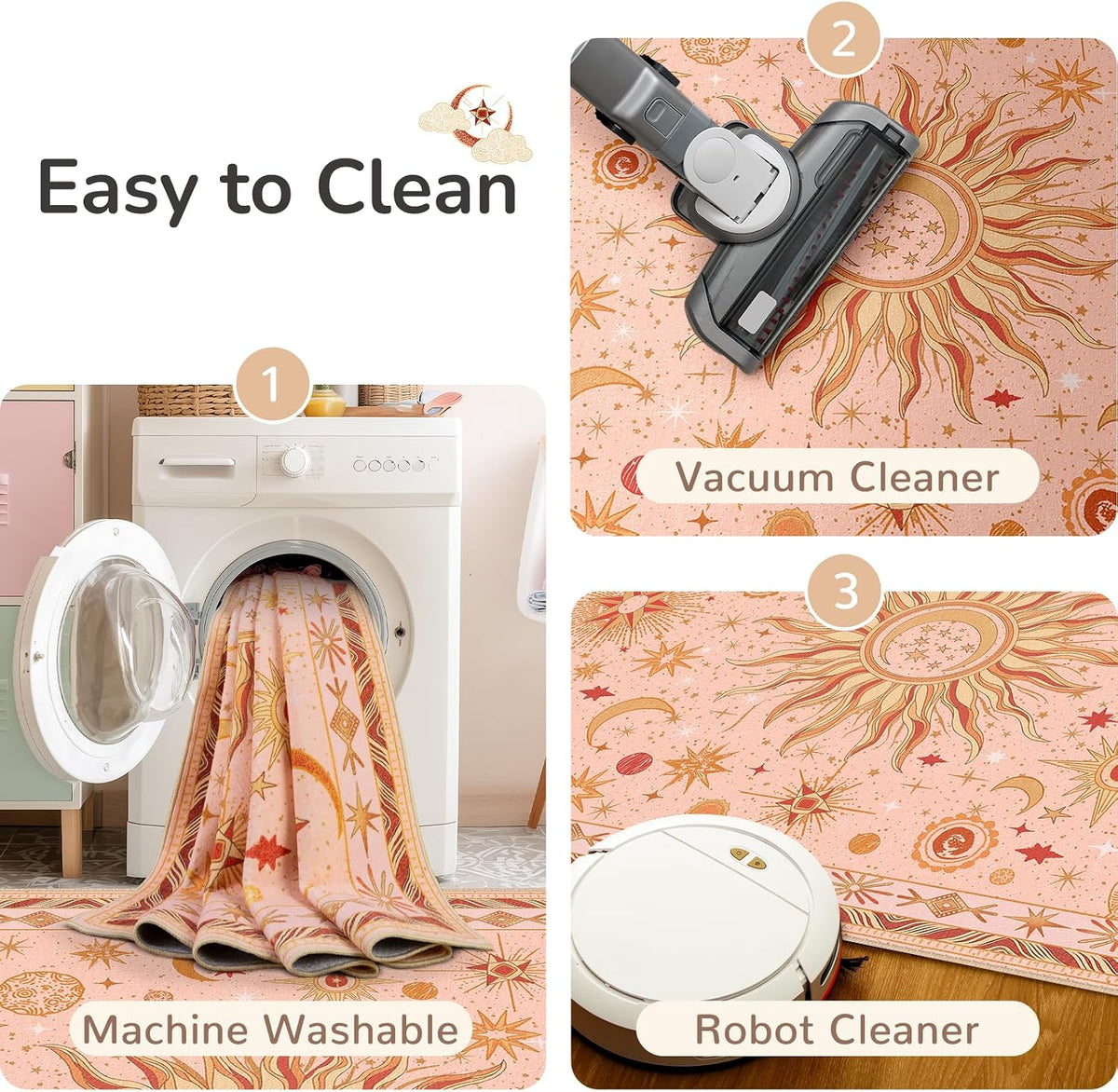 Vacuum-Friendly, 5x7 Washable Area Rug, Pink Gold Beige Red