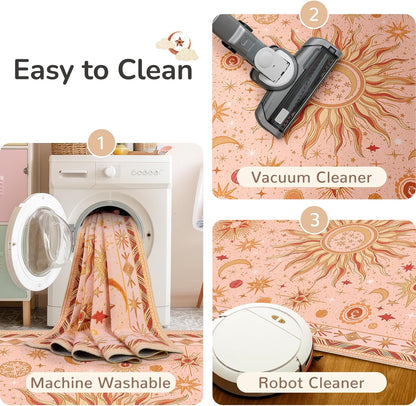 Vacuum-Friendly, 5x7 Washable Area Rug, Pink Gold Beige Red