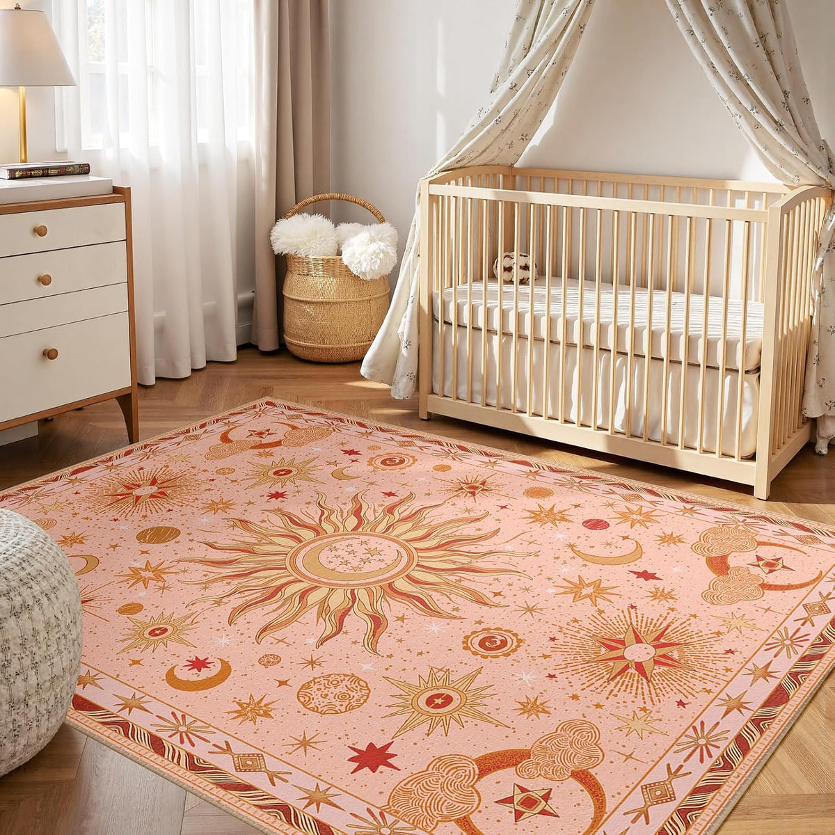 Vacuum-Friendly, 5x7 Washable Area Rug, Pink Gold Beige Red