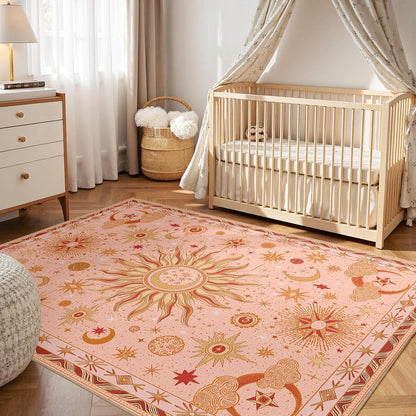 Vacuum-Friendly, 5x7 Washable Area Rug, Pink Gold Beige Red