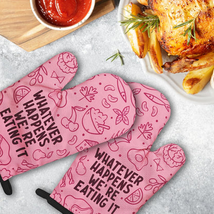 2 Pcs Funny Pink Oven Mitts Whatever Happens We're Eating It Silicone Non-Slip Heat Resistant Oven Mitts with Hanging Loop Kitchen Decor Gifts Great Birthday Gifts for Women Men Chef Baker