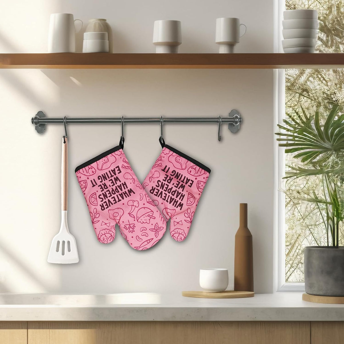 2 Pcs Funny Pink Oven Mitts Whatever Happens We're Eating It Silicone Non-Slip Heat Resistant Oven Mitts with Hanging Loop Kitchen Decor Gifts Great Birthday Gifts for Women Men Chef Baker