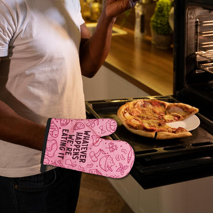 2 Pcs Funny Pink Oven Mitts Whatever Happens We're Eating It Silicone Non-Slip Heat Resistant Oven Mitts with Hanging Loop Kitchen Decor Gifts Great Birthday Gifts for Women Men Chef Baker