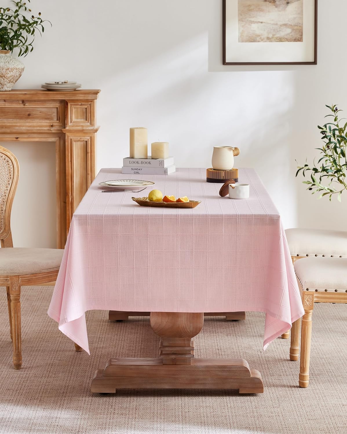 ZeeMart Linen Checked Rectangle Table Cloth 60x84 Inch Pink