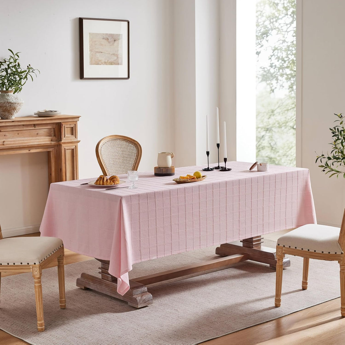 ZeeMart Linen Checked Rectangle Table Cloth 60x84 Inch Pink