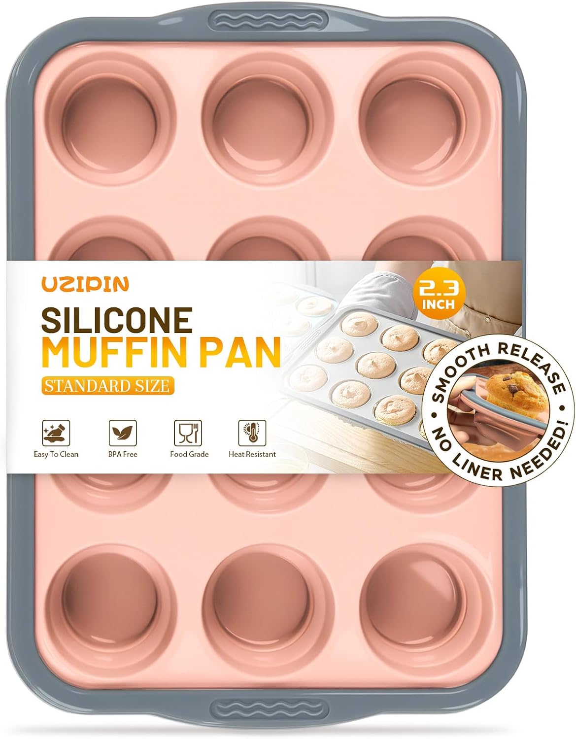 Silicone Muffin Pan, 12 Cups Non-Stick Cupcake Pan, Food-Grade BPA-Free Muffin Tin, Oven-Safe 450 °F, Reinforced Steel Frame, Easy-Grab Handles, Quick-Release 2.3" Baking Molds for Mini Treats