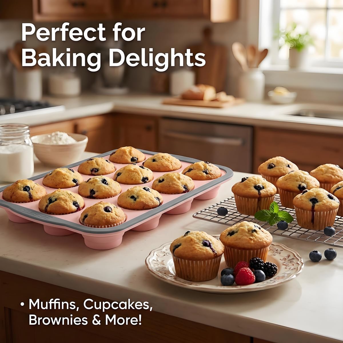 Silicone Muffin Pan, 12 Cups Non-Stick Cupcake Pan, Food-Grade BPA-Free Muffin Tin, Oven-Safe 450 °F, Reinforced Steel Frame, Easy-Grab Handles, Quick-Release 2.3" Baking Molds for Mini Treats