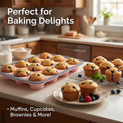 Silicone Muffin Pan, 12 Cups Non-Stick Cupcake Pan, Food-Grade BPA-Free Muffin Tin, Oven-Safe 450 °F, Reinforced Steel Frame, Easy-Grab Handles, Quick-Release 2.3" Baking Molds for Mini Treats