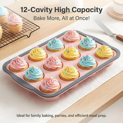 Silicone Muffin Pan, 12 Cups Non-Stick Cupcake Pan, Food-Grade BPA-Free Muffin Tin, Oven-Safe 450 °F, Reinforced Steel Frame, Easy-Grab Handles, Quick-Release 2.3" Baking Molds for Mini Treats