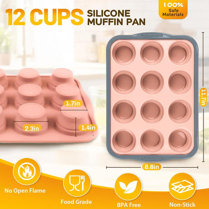 Silicone Muffin Pan, 12 Cups Non-Stick Cupcake Pan, Food-Grade BPA-Free Muffin Tin, Oven-Safe 450 °F, Reinforced Steel Frame, Easy-Grab Handles, Quick-Release 2.3" Baking Molds for Mini Treats