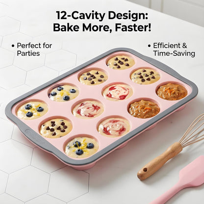 Silicone Muffin Pan, 12 Cups Non-Stick Cupcake Pan, Food-Grade BPA-Free Muffin Tin, Oven-Safe 450 °F, Reinforced Steel Frame, Easy-Grab Handles, Quick-Release 2.3" Baking Molds for Mini Treats