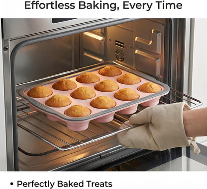 Silicone Muffin Pan, 12 Cups Non-Stick Cupcake Pan, Food-Grade BPA-Free Muffin Tin, Oven-Safe 450 °F, Reinforced Steel Frame, Easy-Grab Handles, Quick-Release 2.3" Baking Molds for Mini Treats