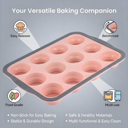 Silicone Muffin Pan, 12 Cups Non-Stick Cupcake Pan, Food-Grade BPA-Free Muffin Tin, Oven-Safe 450 °F, Reinforced Steel Frame, Easy-Grab Handles, Quick-Release 2.3" Baking Molds for Mini Treats