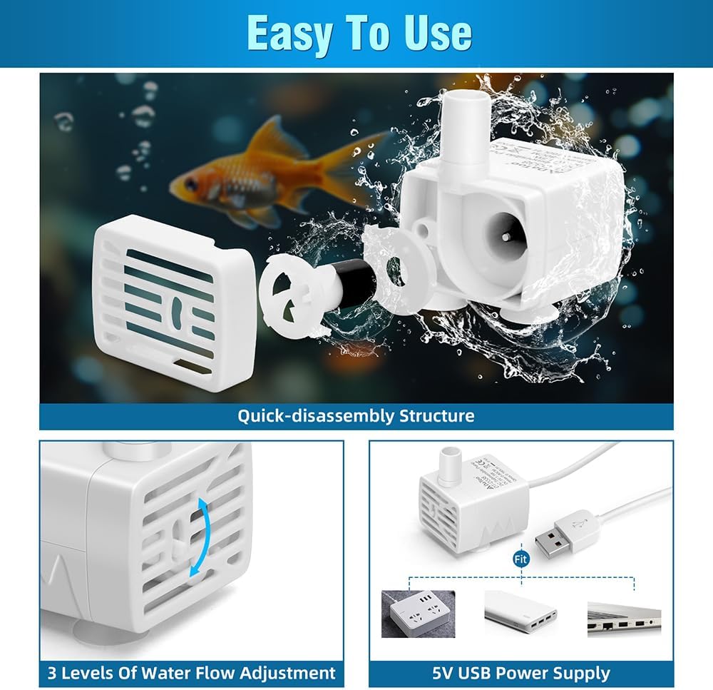 DaToo Cat Water Fountain Pump Ultra-Quiet USB 5V Submersible Pet Drinking Fountain Replacement Pump IPX8 Waterproof Cat Water Dispenser Pump