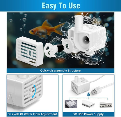 DaToo Cat Water Fountain Pump Ultra-Quiet USB 5V Submersible Pet Drinking Fountain Replacement Pump IPX8 Waterproof Cat Water Dispenser Pump