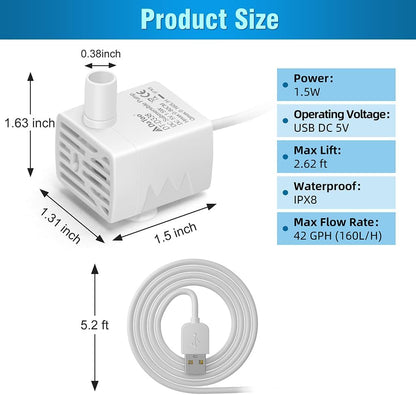 DaToo Cat Water Fountain Pump Ultra-Quiet USB 5V Submersible Pet Drinking Fountain Replacement Pump IPX8 Waterproof Cat Water Dispenser Pump